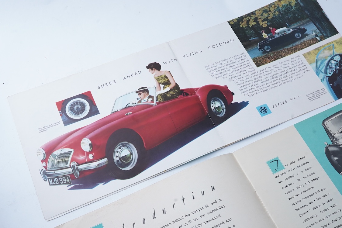 Three 1940s and 1950s MG motor car manufacturer’s brochures; the MG Series T.F. Midget (produced 1953-55), the MGA (produced 1955-62), and the MG Y 1.25lt saloon (produced 1947-53), including the additional leaflet conta